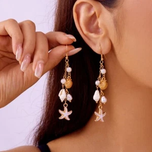 Fashion Boho Pearl Shell Conch Starfish Beach Hook Earrings Women Holiday Gift - Picture 1 of 15