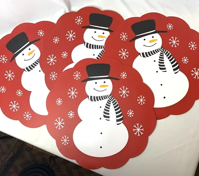 Boneco de neve Placemats x4 + porta-copos x4 vintage vinil vermelho preto cachecol listrado 15 polegadas - Imagem 1 de 4