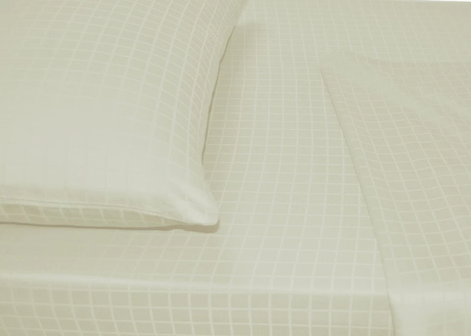 1pc Fitted Sheet 100% Premium Cotton Sateen Windowpane Ivory Custom Deep Pocket - Image 1 of 1