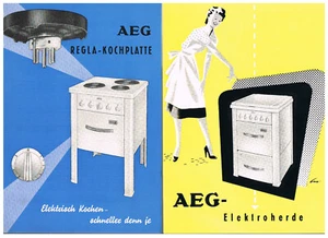 3 Flyer Werbung Reklame Prospekt AEG Tischuhr Elektroherde REGLA Kochplatte 1954 - Bild 1 von 4