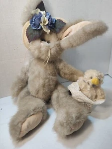 VTG Berrington Stuffed Bunny W/ A floral Hat & Chick In Basket Easter - Picture 1 of 8