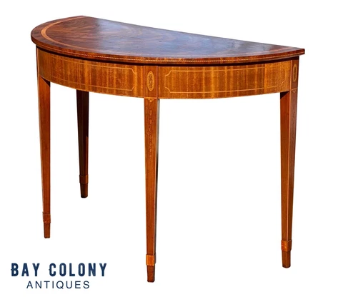 20TH C ANTIQUE MAHOGANY DEMILUNE CONSOLE TABLE W/ SATINWOOD BELLFLOWER INLAYS Cover