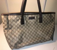 Authentic Gucci GG Monogram Browns Coated Canvas Leather Tote Bag