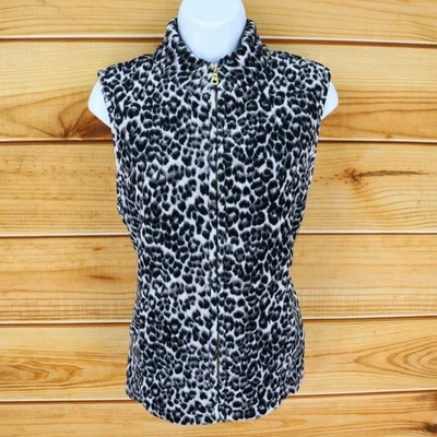Charter Club Full Zip Quilted Vest Jacket Womens Sz L Black White Cheetah Print - Image 1 of 4