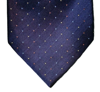 Claiborne Mens Designer Tie 100% Silk Hand Made Navy Blue Multicolor Dots 59x4 - Image 1 of 4