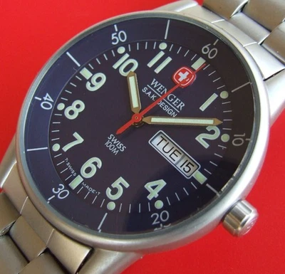 WENGER Swiss Army Mens COMMANDO DAY/DATE~SAK Design~Cobalt BLUE~OEM Bracelet~EUC - Image 1 of 4