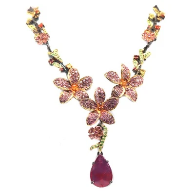 925 Silver 14 x 21 MM. Red Ruby, Sapphire & Tsavorite Garnet Necklace 20" - Image 1 of 4
