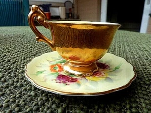 TAKIRO OF JAPAN HANDPAINTED PORCELAIN DEMITASSE OR MINIATURE GILDED CUP & SAUCER - Picture 1 of 10