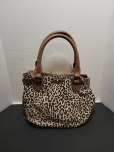 J Crew Satchel Double Handles Animal Print Beige Brown Trim Canvas Shoulder Bag - Picture 1 of 14