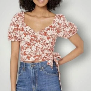 Top Madewell Para Mujer M Floral Anita Mezcla de Lino Envoltura Mangas Abullonadas Espalda Calada - Imagen 1 de 9