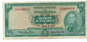 Venezuela ... P-46d ... 20 Bolivares ... January-27-1970 ... *VF*.. Prefix "N7". - Picture 1 of 2