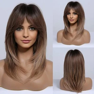 Long Layered Wigs for Women Synthetic Hair Wig with Bangs Ombre Brown to Blonde - Picture 1 of 9