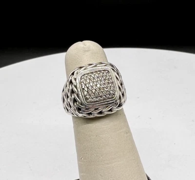 Anillo John Hardy Plata de Ley y Diamante Pavé Cuadrado Halo Cadena Clásica Talla 7 Foto 1 de 4