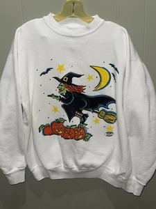Vintage Halloween Sweater Witch Pumpkins Bats Moon Thunder Island Sz Large  - Picture 1 of 6