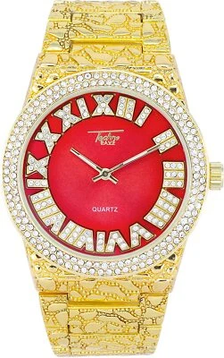 Iced Men Gold Watch Bling Rapper Simulate Diamond Nugget Band Hip Luxury RED  - Image 1 of 3