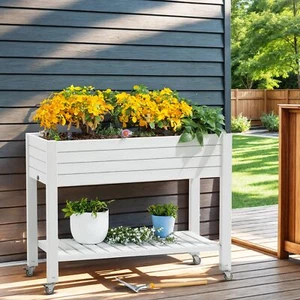 Elevated Resin Raised Garden Bed Box Planter Pot Patio Outdoor Mobile Wheels - Picture 1 of 10