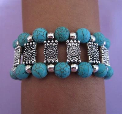 BRACELET ELASTIC-FLEXIBLE BEADED LIKE TURQUOISE BEADS -NEW - Image 1 of 4