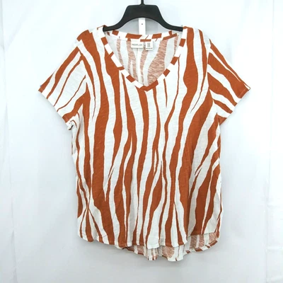 Camisa Rachel Zoe Mujer Talla 1X Blanca Naranja Quemado Animal Rayas Cuello en V Top Foto 1 de 4