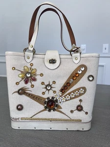 Vtg ENID COLLINS Roadrunner BUCKET Purse HANDBAG Bejeweled BEIGE Starbursts - Picture 1 of 17