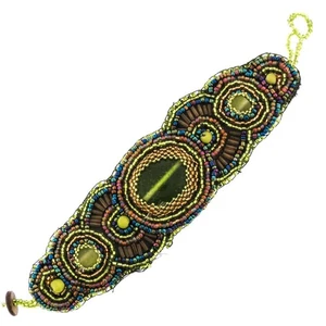 Wide Bohemian Peridot Gold Peacock Glass Seed Beads Fashion Bracelet, 1 3/4" - Picture 1 of 2