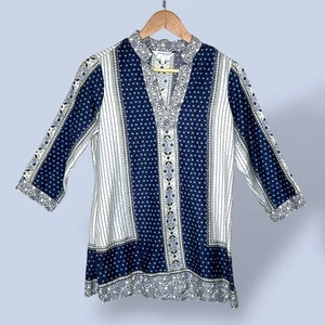 Foxcroft Tunic Top Scarf Floral Print 3/4 Sleeve V Neck Blouse Blue White Size S - Picture 1 of 8