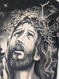 Jesus T-Shirt Adult Large Crown of Thorns Graphic Black & Gray Short Sleeve - Picture 1 of 7