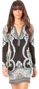 Hale Bob Size M Print Boho Stretchy Dress Black White Blue V Neck - Picture 1 of 3