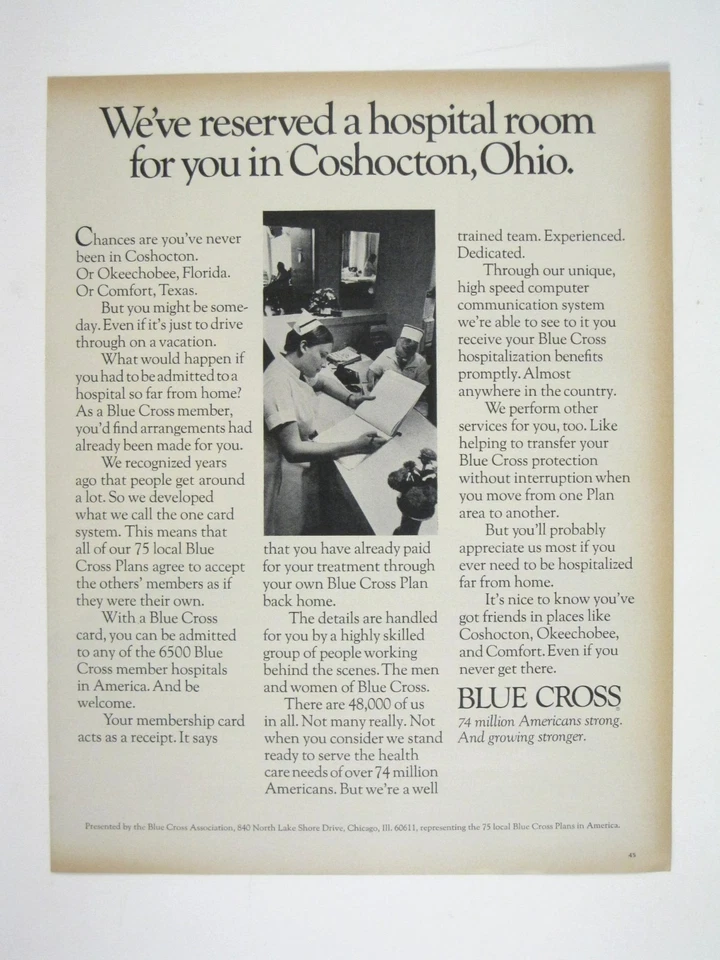 Weve Reserved Больничная Комната Для Вас В Кошоктоне Огайо Синий Крест Реклама 1970-е AD - Изображение 1 из 2