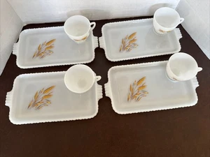 Fire King Anchor Hocking VTG MCM White Milk Glass Wheat Snack 8Pc Set Trays/Cups - Picture 1 of 19