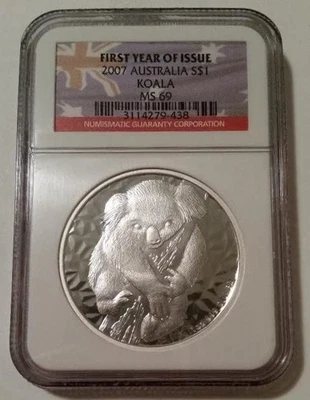 Australia 2007 P 1 oz dólar de plata koala MS69 NGC primer año de emisión Foto 1 de 2