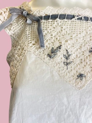 Antique Edwardian Chemise Slip Crochet Yoke Antique Velvet Trim 3D floral OOAK - Image 1 of 4
