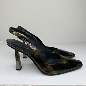 Stuart Weitzman Black Green Marble Patent Leather Pointed Toe Slingback Shoe7.5M