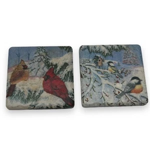 Winter Scene/Christmas Coaster Set AbsorbaStone Cork Backs Red Bird Snow Tree - Picture 1 of 4