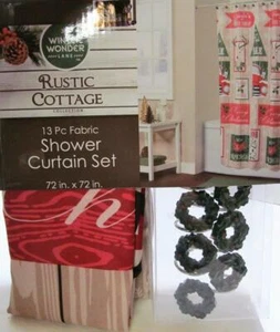 Christmas Shower Curtain w Holiday Signs Toy Shop Sleigh Rides & Wreath Hooks - Picture 1 of 4