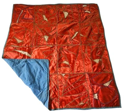 VTG Crazy Quilt Hand Embroidered Christmas Red Silk Satin Lap Child Size 36x40" - Image 1 of 4