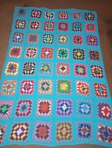 NEW HAND MADE TURQUOISE & STEEL BLUE Multi-Color GRANNY SQUARES AFGHAN lot#190 - Picture 1 of 2