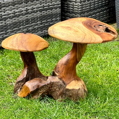 Teak Root Double Wild Mushroom Sculpture Hand Carved Wood Toadstools Large Art - Image 1 of 4
