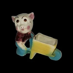 Vintage 50s Shawnee Ceramic Pig w Wheelbarrow Planter! Yellow Green Retro Decor - Picture 1 of 8