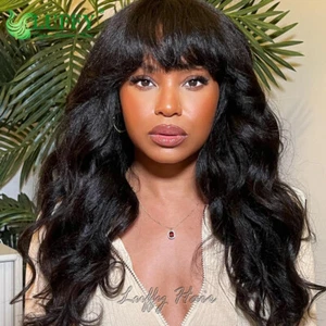 Kinky Yaki Wavy With Bang Wigs 180% Brazilian Human Hair Full Machine Made Wigs - Picture 1 of 12