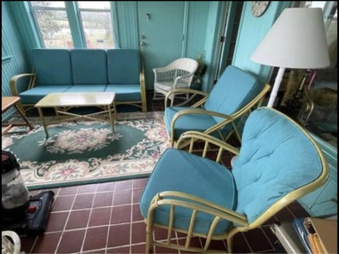 vintage MCM 1950's mid-century blue Bamboo sun-room couch/ sofa, chairs & table Cover