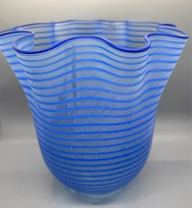 Signed Kosta Boda Ulrica Hydman-Vallien Carmen Blue Striped 10” Ruffled Vase - Picture 1 of 3