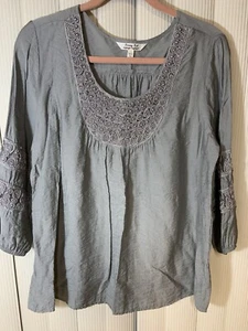 Krazy Kay Damen Top, Größe L, grau mit besticktem Ausschnitt, 3/4 Ärmel - Bild 1 von 7