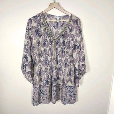 Plus Size 2X Boho Floral Tunic Top Purple Beaded V-Neck Flowy 3/4 Sleeve Blouse - image 1 of 4