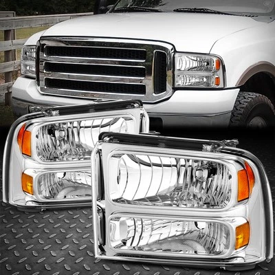 For 99-04 Ford F250-F550 Super Duty Chrome Housing Amber Corner Headlight Lamps - Image 1 of 4