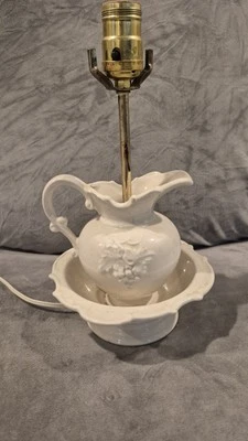 Vintage Lamp Pitcher Wash Bowl Basin Off White Grape Rustic Farmhouse Cottage - Image 1 of 4