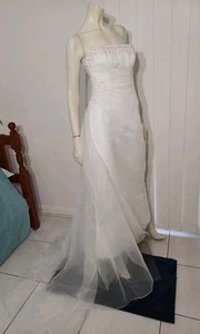 Wedding Dress Satin With Organza Overlay Size 10 Beading Lace Up Back And Veil - Picture 1 of 24