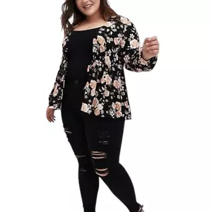 Torrid Plus Sz 2X Kimono Shrug Black Floral Pink Roses Tie Front Long Sleeve 676 - Picture 1 of 10