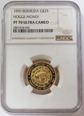 1990 OURO 500 BERMUDA CUNHADA US$ 25 DINHEIRO DE PORCO 1/4 oz NGC PROOF 70 ULTRA CAMEO - Imagem 1 de 2