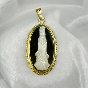 Goddess Quan Yin MOP & Black Onyx Faith Pendant Genuine 750 18ct 18k Yellow Gold - Picture 1 of 8