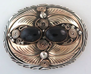 Prachtvolle Gürtelschnalle Sterlingsilber & schwarzer Onyx Gold gefüllt Applikation - Bild 1 von 7